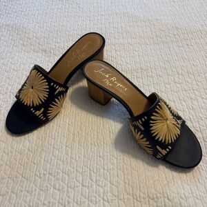 Jack Rogers - Navy Leather & Cream Raffia Block Heel